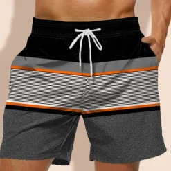 Hot OUKU Men's Stripe Geometric Pattern Swim Trunks Swim Shorts Board Shorts Mid Waist Hawaiian Casual Holiday Beach Drawstring with Mesh lining Elastic Waist Designer Clothing Apparel Black+Grey