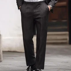 Online OUKU Men's Stripe Geometric Pattern Dress Pants Mid Waist Business Casual Formal Wedding Dailywear Zipper Pocket Straight Leg Trousers Summer Spring Fall 3D Print Black