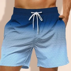 Hot OUKU Men's Stripe Geometric Pattern Gradient Stripes Swim Trunks Swim Shorts Board Shorts Mid Waist Hawaiian Casual Holiday Beach Drawstring with Mesh lining Elastic Waist Designer Clothing Apparel Blue
