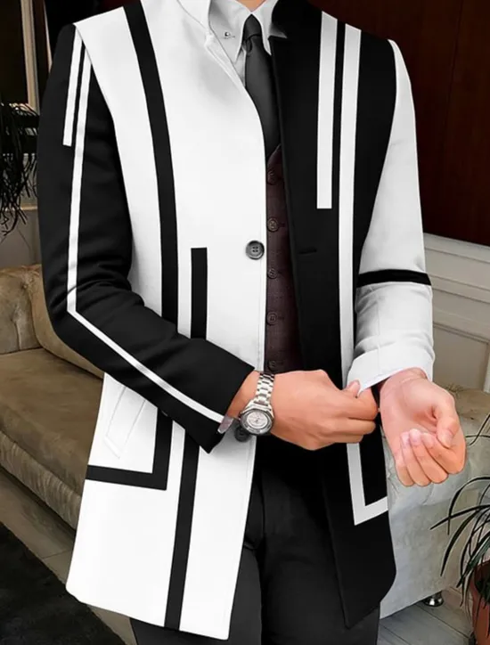 Hot OUKU Men's Stripe Geometry Winter Coat Overcoat Coat Warm Breathable Comfortable Business Work Wear to work Going out Pocket Print Fall & Winter Stand Collar Long Sleeve White Yellow Red