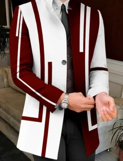 Hot OUKU Men's Stripe Geometry Winter Coat Overcoat Coat Warm Breathable Comfortable Business Work Wear to work Going out Pocket Print Fall & Winter Stand Collar Long Sleeve White Yellow Red