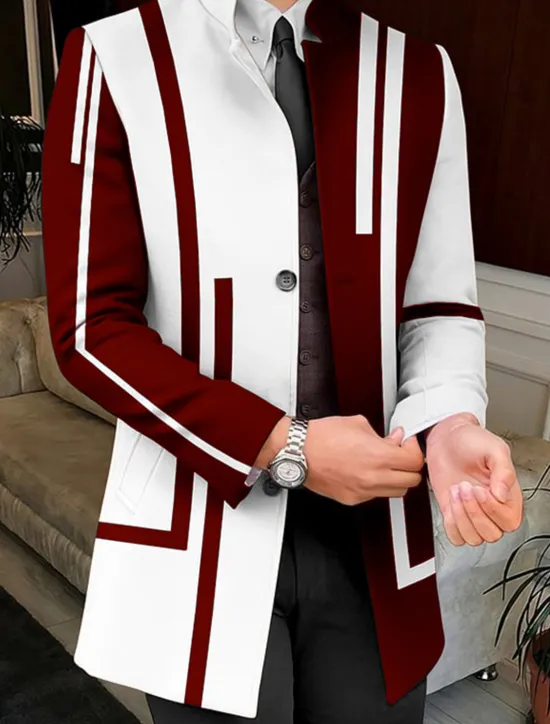 Hot OUKU Men's Stripe Geometry Winter Coat Overcoat Coat Warm Breathable Comfortable Business Work Wear to work Going out Pocket Print Fall & Winter Stand Collar Long Sleeve White Yellow Red