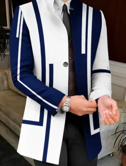 Hot OUKU Men's Stripe Geometry Winter Coat Overcoat Coat Warm Breathable Comfortable Business Work Wear to work Going out Pocket Print Fall & Winter Stand Collar Long Sleeve White Yellow Red