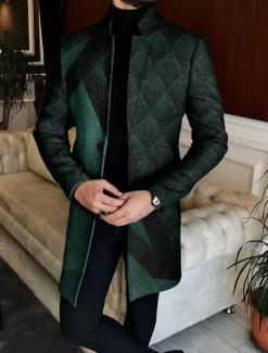 Online OUKU Men's Stripe Geometry Winter Coat Overcoat Coat Warm Breathable Comfortable Fashion Streetwear Business Work Wear to work Going out Pocket Print Fall & Winter Turndown Long Sleeve Black Blue Green