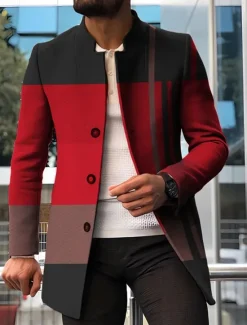 New OUKU Men's Stripe Geometry Winter Coat Overcoat Coat Warm Breathable Comfortable Fashion Streetwear Business Work Wear to work Going out Pocket Print Fall & Winter Turndown Long Sleeve Red Blue Orange