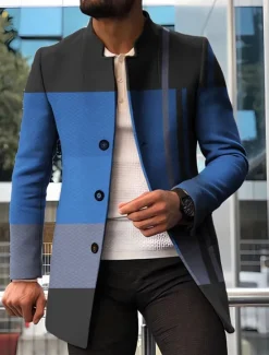 New OUKU Men's Stripe Geometry Winter Coat Overcoat Coat Warm Breathable Comfortable Fashion Streetwear Business Work Wear to work Going out Pocket Print Fall & Winter Turndown Long Sleeve Red Blue Orange