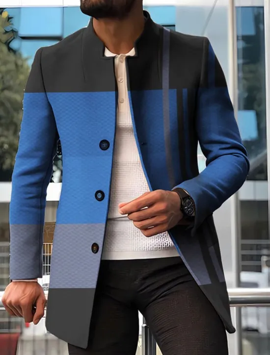 New OUKU Men's Stripe Geometry Winter Coat Overcoat Coat Warm Breathable Comfortable Fashion Streetwear Business Work Wear to work Going out Pocket Print Fall & Winter Turndown Long Sleeve Red Blue Orange