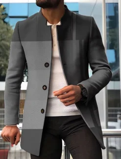 New OUKU Men's Stripe Geometry Winter Coat Overcoat Coat Warm Breathable Comfortable Fashion Streetwear Business Work Wear to work Going out Pocket Print Fall & Winter Turndown Long Sleeve Red Blue Orange