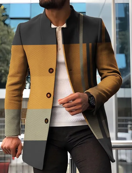 New OUKU Men's Stripe Geometry Winter Coat Overcoat Coat Warm Breathable Comfortable Fashion Streetwear Business Work Wear to work Going out Pocket Print Fall & Winter Turndown Long Sleeve Red Blue Orange