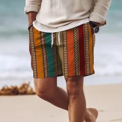 Discount OUKU Men's Stripe Grid / Plaid Geometric Pattern Swim Shorts Board Shorts Swimming Trunks Mid Waist Hawaiian Casual Holiday Beach Drawstring with Mesh lining Elastic Waist Designer Clothing Apparel Brown
