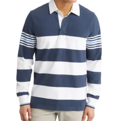 Clearance OUKU Men's Stripe Rugby Polo Shirts Long Sleeve Polo Shirts Lapel Fashion 3D Print Comfortable Street Casual Holiday Buttons Summer Navy Blue