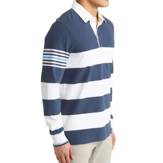 Clearance OUKU Men's Stripe Rugby Polo Shirts Long Sleeve Polo Shirts Lapel Fashion 3D Print Comfortable Street Casual Holiday Buttons Summer Navy Blue
