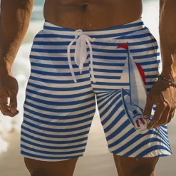 New OUKU Men's Stripe Sailboat Swim Trunks Swim Shorts Board Shorts Mid Waist Fashion Streetwear Designer Casual Daily Holiday Pocket Elastic Waist 3D Print Designer Clothing Apparel Blue