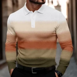 Hot OUKU Men's Stripe Waffle Polo Shirts Golf Shirt Long Sleeve Polo Shirts Collared Shirts Casual Business Casual Dailywear Athleisure Buttons 3D Print Spring Fall Winter Blue Purple Brown