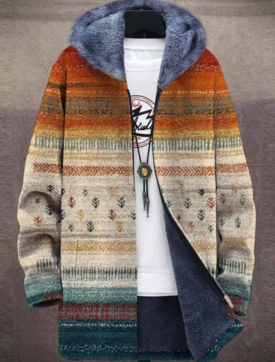 Online OUKU Men's Stripe Winter Coat Fleece Jacket Coat Thermal Warm Vintage Artistic Daily Wear Going out Pocket Print Fall & Winter Hooded Long Sleeve khaki