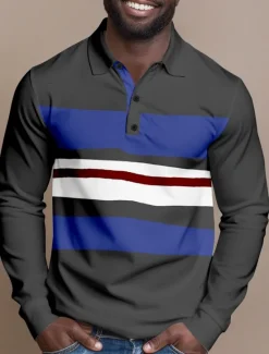 Clearance OUKU Men's Striped Cable Knit Polo Rugby Polo Shirts Long Sleeve Polo Shirts Collared Shirts Casual Outdoor Athleisure 3D Print Spring Fall Lake blue Blue Brown