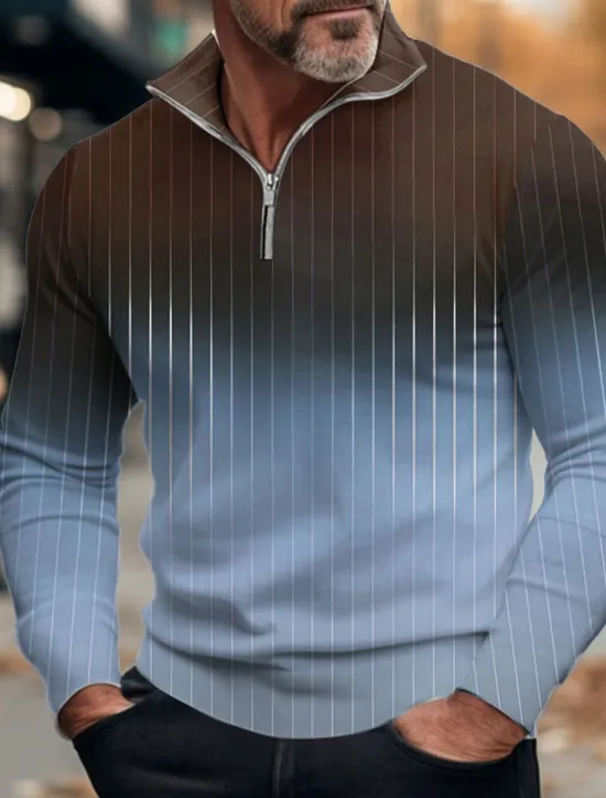 Best OUKU Men's Striped Color Gradient Zip Polo Golf Polos Shirts Long Sleeve Polo Shirts Zip Casual Outdoor Casual Daily Streetwear 3D Print Fall & Winter Blue Green Khaki