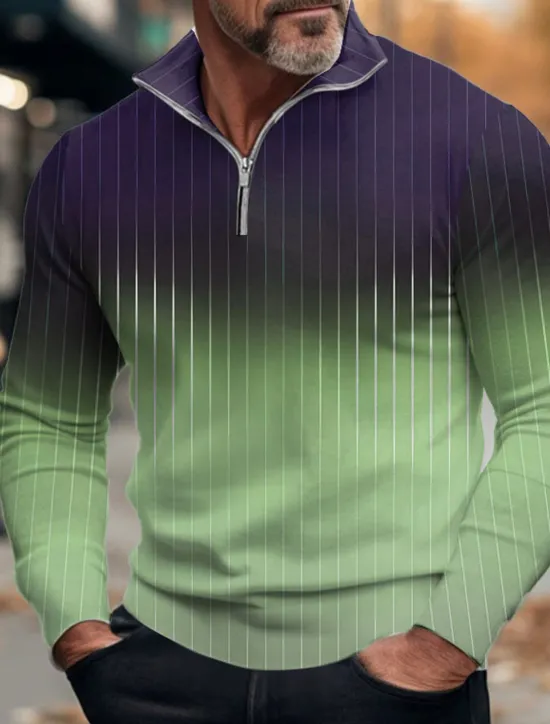Best OUKU Men's Striped Color Gradient Zip Polo Golf Polos Shirts Long Sleeve Polo Shirts Zip Casual Outdoor Casual Daily Streetwear 3D Print Fall & Winter Blue Green Khaki
