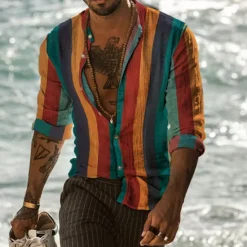 New OUKU Men's Striped Geometric Pattern Shirt Button Up Shirt Long Sleeve Fashion Designer Casual Outdoor Daily Fall Winter Collar Print Button-Down Light Green Pink Red Purple Green