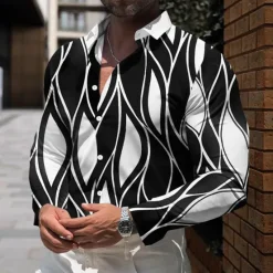 Discount OUKU Men's Striped Geometric Pattern Shirt Dress Shirt Button Up Shirt Long Sleeve Business Casual Daily Fall Winter Spring & Summer Turndown Button Up 3D Print Black Blue Green