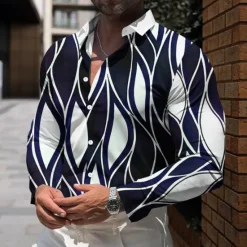 Discount OUKU Men's Striped Geometric Pattern Shirt Dress Shirt Button Up Shirt Long Sleeve Business Casual Daily Fall Winter Spring & Summer Turndown Button Up 3D Print Black Blue Green