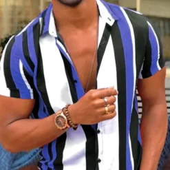 Sale OUKU Men's Striped Geometric Pattern Shirt Bowling Shirt Button Up Shirt Short Sleeve Fashion Designer Casual Outdoor Casual Daily Spring & Summer Turndown Button-Down Pink Blue Purple Blue-White