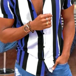 Sale OUKU Men's Striped Geometric Pattern Shirt Bowling Shirt Button Up Shirt Short Sleeve Fashion Designer Casual Outdoor Casual Daily Spring & Summer Turndown Button-Down Pink Blue Purple Blue-White