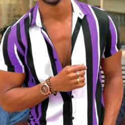 Sale OUKU Men's Striped Geometric Pattern Shirt Bowling Shirt Button Up Shirt Short Sleeve Fashion Designer Casual Outdoor Casual Daily Spring & Summer Turndown Button-Down Pink Blue Purple Blue-White