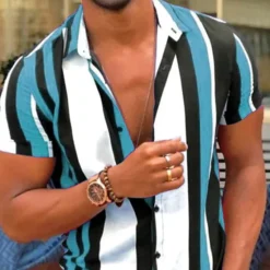 Sale OUKU Men's Striped Geometric Pattern Shirt Bowling Shirt Button Up Shirt Short Sleeve Fashion Designer Casual Outdoor Casual Daily Spring & Summer Turndown Button-Down Pink Blue Purple Blue-White