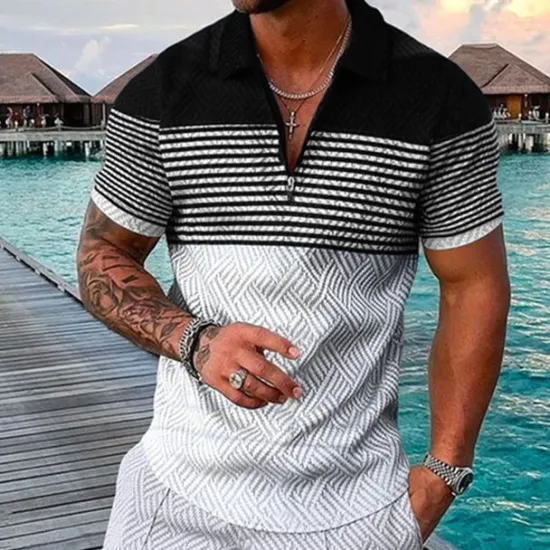 Outlet OUKU Men's Striped Hawaiian Polo Shirts Golf Shirt Short Sleeve Polo Shirts Collared Shirts Casual Beach Wear Vacation Wear Party Outfits 3D Print Quarter Zip Polo Black-White Black Army Green
