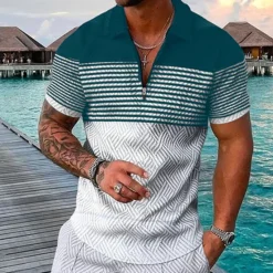 Outlet OUKU Men's Striped Hawaiian Polo Shirts Golf Shirt Short Sleeve Polo Shirts Collared Shirts Casual Beach Wear Vacation Wear Party Outfits 3D Print Quarter Zip Polo Black-White Black Army Green