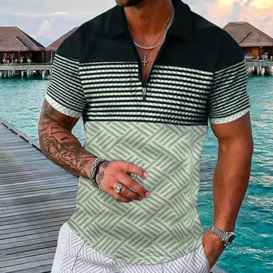 Outlet OUKU Men's Striped Hawaiian Polo Shirts Golf Shirt Short Sleeve Polo Shirts Collared Shirts Casual Beach Wear Vacation Wear Party Outfits 3D Print Quarter Zip Polo Black-White Black Army Green