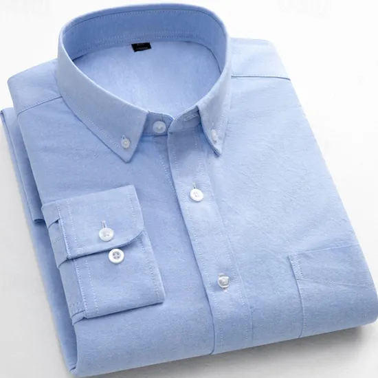 Online OUKU Men's Striped Long-Sleeve Dress Shirts Button Down Breathable Casual Vintage Loose Cotton Shirts Stylish Solid Oxford Business Shirt for Men