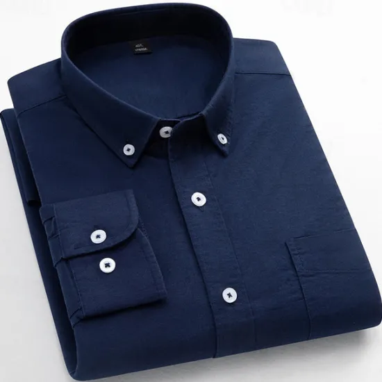 Online OUKU Men's Striped Long-Sleeve Dress Shirts Button Down Breathable Casual Vintage Loose Cotton Shirts Stylish Solid Oxford Business Shirt for Men