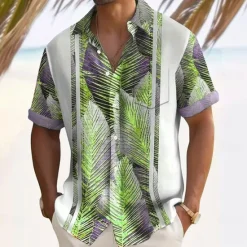 OUKU Men's Striped Palm Leaf Tropical Plants Summer Hawaiian Shirt Button Up Shirt Short Sleeve Hawaiian Resort Vacation Holiday Beach Wear Summer Spring Turndown Collared Shirts Front One Pocket White