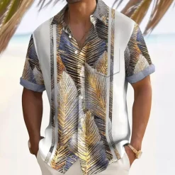 OUKU Men's Striped Palm Leaf Tropical Plants Summer Hawaiian Shirt Button Up Shirt Short Sleeve Hawaiian Resort Vacation Holiday Beach Wear Summer Spring Turndown Collared Shirts Front One Pocket White