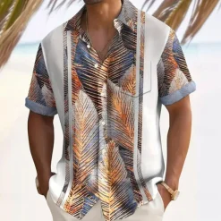OUKU Men's Striped Palm Leaf Tropical Plants Summer Hawaiian Shirt Button Up Shirt Short Sleeve Hawaiian Resort Vacation Holiday Beach Wear Summer Spring Turndown Collared Shirts Front One Pocket White