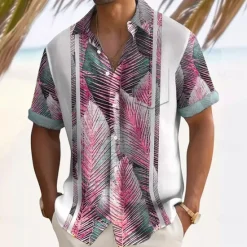 OUKU Men's Striped Palm Leaf Tropical Plants Summer Hawaiian Shirt Button Up Shirt Short Sleeve Hawaiian Resort Vacation Holiday Beach Wear Summer Spring Turndown Collared Shirts Front One Pocket White