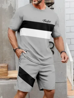 Best OUKU Men's Striped 2pcs Tees sets Summer Tops Short Sleeve Short Pants Crew Neck Sport Casual Outdoor Vacation Sport 3D Print Summer Brown ash-colored Light Blue