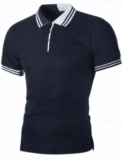 Outlet OUKU Men's Striped Polo Golf Shirt Short Sleeve Lapel Fashion Casual Outdoor Sport Daily Buttons Splice Summer White Red Navy Blue
