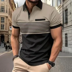 Sale OUKU Men's Striped Polo Shirts Golf Shirt Short Sleeve Polo Shirts Collared Shirts Business Casual WorkWear Formal Wear Festival Wear Buttons 3D Print Spring & Summer White Wine Orange