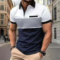 Sale OUKU Men's Striped Polo Shirts Golf Shirt Short Sleeve Polo Shirts Collared Shirts Business Casual WorkWear Formal Wear Festival Wear Buttons 3D Print Spring & Summer White Wine Orange
