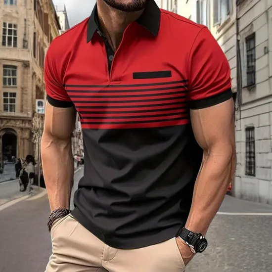 Sale OUKU Men's Striped Polo Shirts Golf Shirt Short Sleeve Polo Shirts Collared Shirts Business Casual WorkWear Formal Wear Festival Wear Buttons 3D Print Spring & Summer White Wine Orange