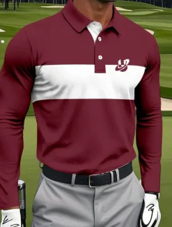 Best OUKU Men's Striped Polo Sports Polo Shirts Long Sleeve Polo Shirts Collared Shirts Sportswear Casual Outdoor Daily Wear 3D Print Spring Fall Winter White Red Navy Blue