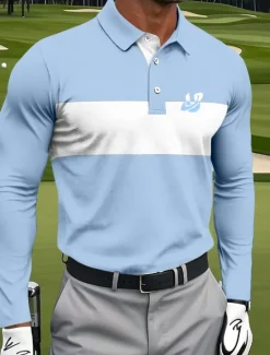 Best OUKU Men's Striped Polo Sports Polo Shirts Long Sleeve Polo Shirts Collared Shirts Sportswear Casual Outdoor Daily Wear 3D Print Spring Fall Winter White Red Navy Blue
