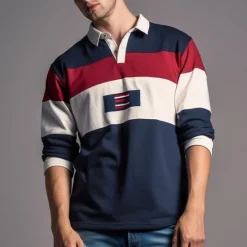 Outlet OUKU Men's Striped Rugby Polo Shirts Long Sleeve Polo Shirts Zip Casual Outdoor Casual Daily Streetwear 3D Print Fall & Winter Yellow Wine Red