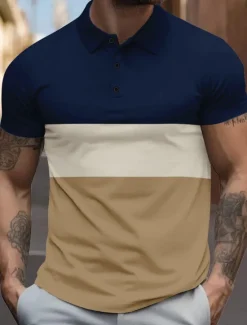 Discount OUKU Men's Striped Rugby Polo Short Sleeve Polo Shirts Collared Shirts Casual School Outdoor Sports Daily Wear 3D Print Summer Black Red Dark Blue