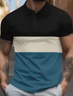 Discount OUKU Men's Striped Rugby Polo Short Sleeve Polo Shirts Collared Shirts Casual School Outdoor Sports Daily Wear 3D Print Summer Black Red Dark Blue