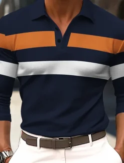 Discount OUKU Men's Striped Rugby Polo Shirts Long Sleeve Polo Shirts Collared Shirts Business Casual School Athleisure Daily Wear 3D Print Spring Fall Winter Black Army Green Dark Blue