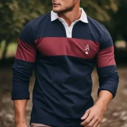 New OUKU Men's Striped Rugby Polo Shirts Long Sleeve Polo Shirts Collared Shirts Business Casual Outdoor Dailywear Wear to work Buttons 3D Print Spring Fall Winter Ink Blue